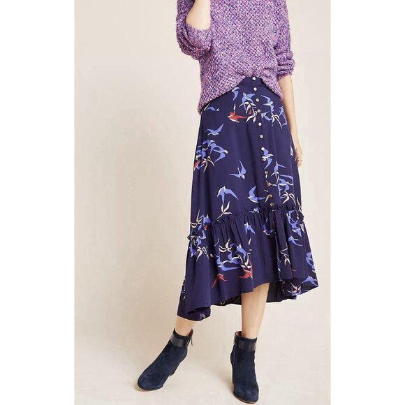 Anthropologie Maeve Women’s Midi Skirt Size 4 Merida Birds Graphic Flounced Blue - Picture 3 of 16